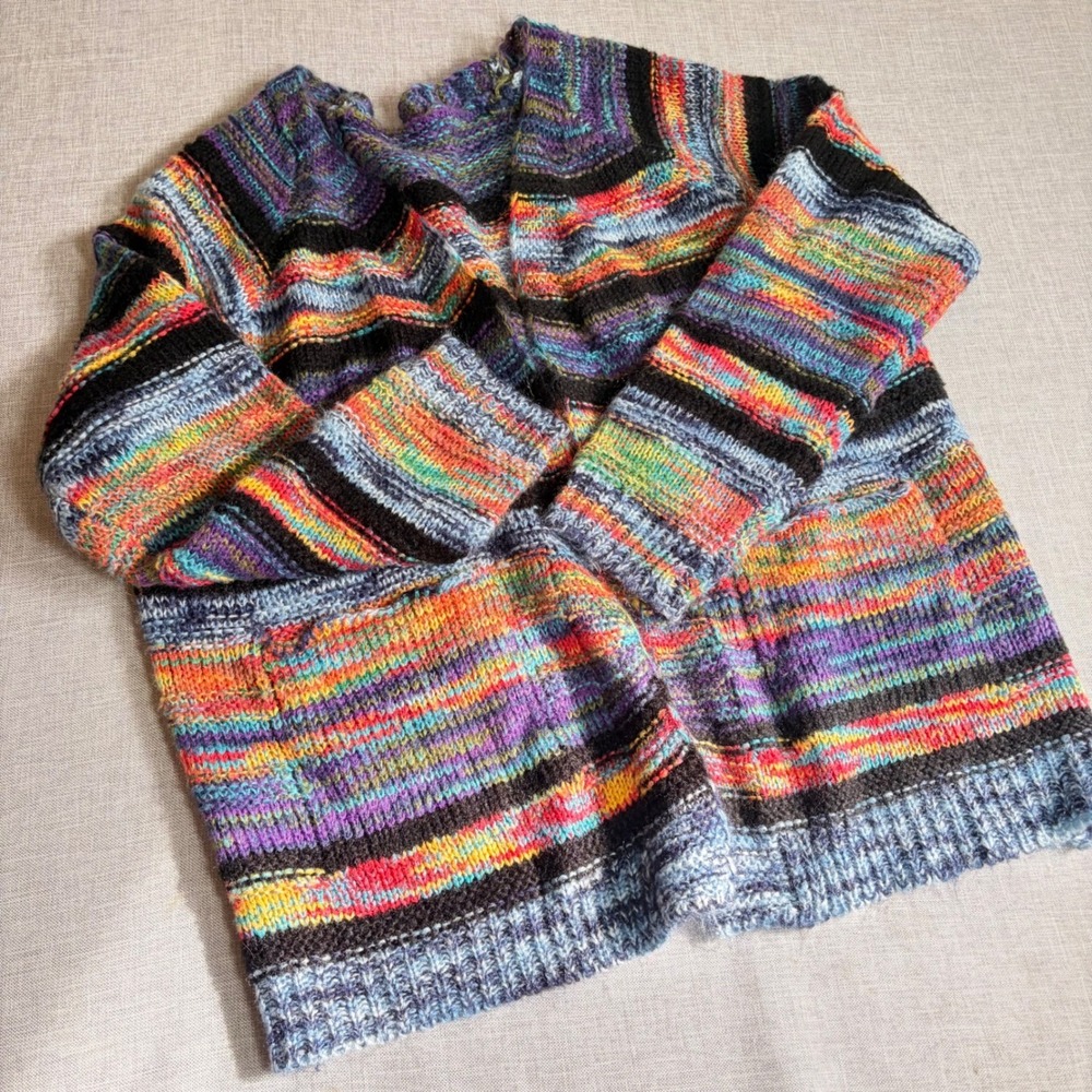 Variegated Striped Chunky Knit Cardigan w/Pockets Artsy Maximalist Rainbow Large